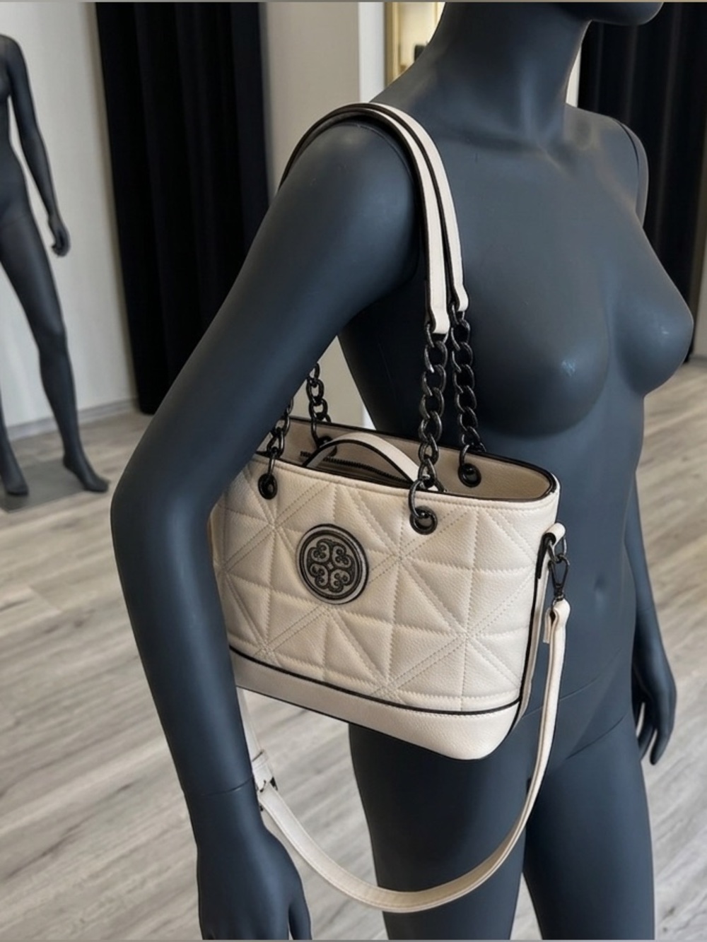 Quilted Cream Tote Bag with Black Trim - Picture 9 of 9